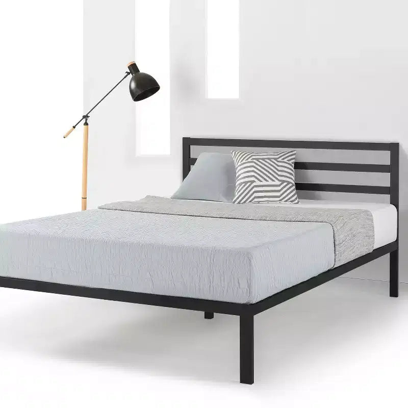 Lit plateforme en métal noir avec tête de lit - Grand lit, 1 personne