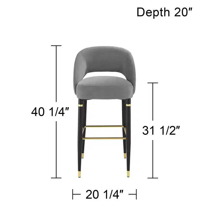 Studio 55D Simone Tabouret de bar noir mat 31 1/2 po de haut moderne Coussin en velours gris foncé avec dossier Repose-pieds pour îlot de cuisine à hauteur de comptoir