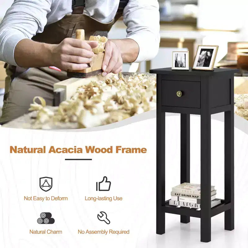Table d'appoint Costway en bois massif avec tiroir et étagère ouverte pour salon