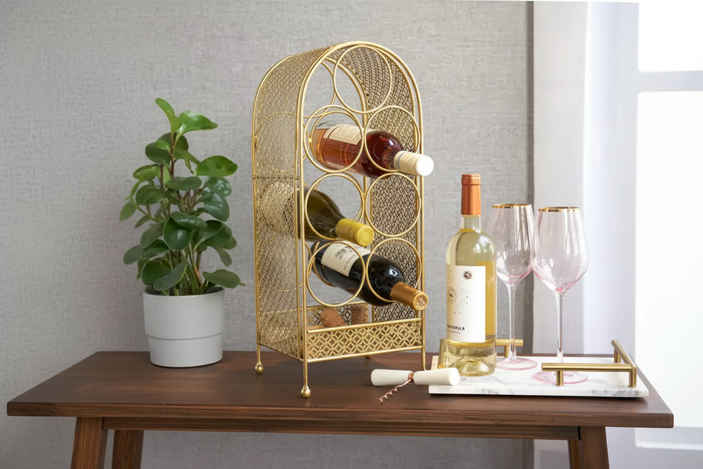 Porte-bouteilles Twine Trellis, 7 bouteilles, rangement de vin doré pour comptoir, en fonte