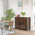 HOMCOM Buffet de cuisine industriel rustique avec portes coulissantes de grange, 3 tiroirs et étagères réglables pour salon, marron rustique