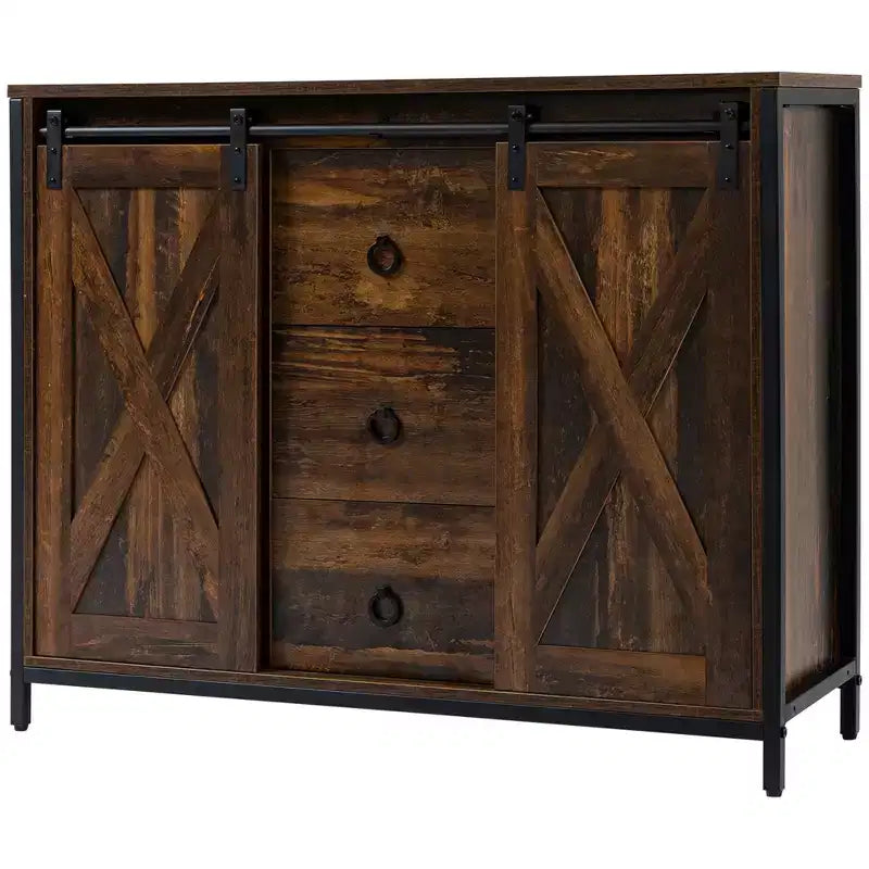 HOMCOM Buffet de cuisine industriel rustique avec portes coulissantes de grange, 3 tiroirs et étagères réglables pour salon, marron rustique