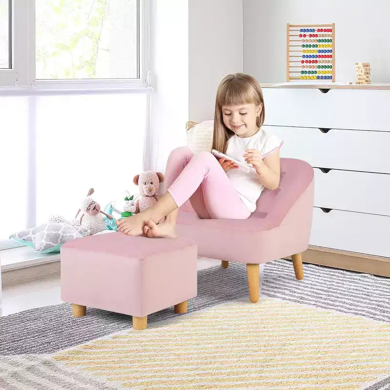 Costway Canapé-Fauteuil pour Enfants avec Ottoman, Canapé Simple pour Tout-Petit Rembourré en Velours Gris/Rose