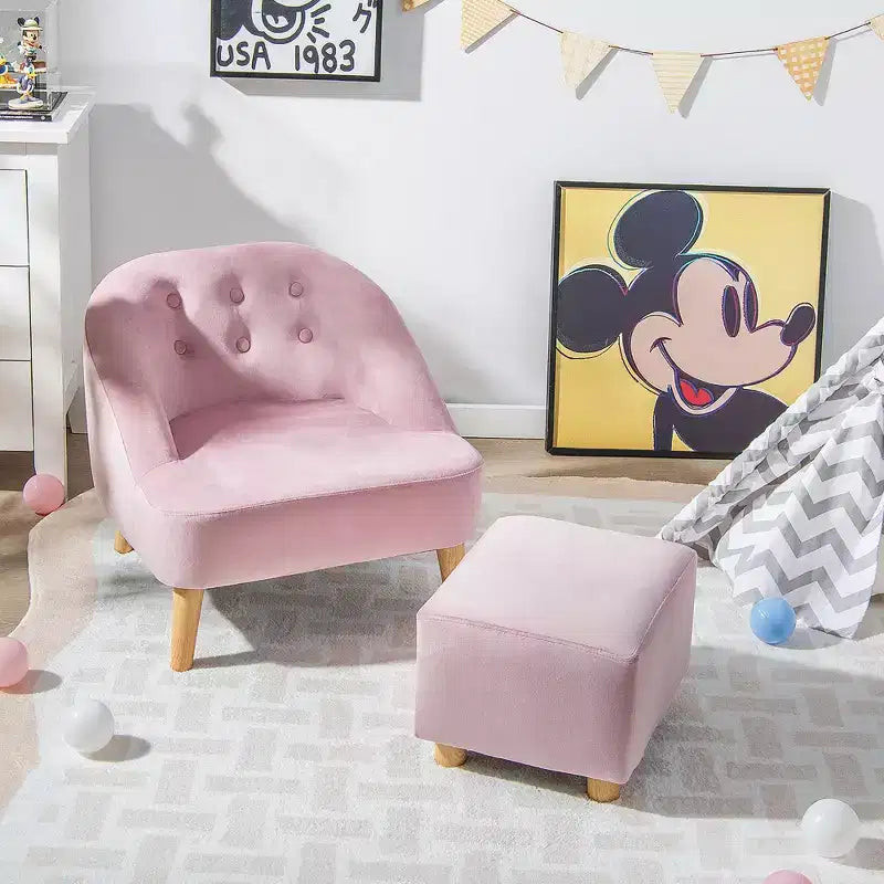 Costway Canapé-Fauteuil pour Enfants avec Ottoman, Canapé Simple pour Tout-Petit Rembourré en Velours Gris/Rose