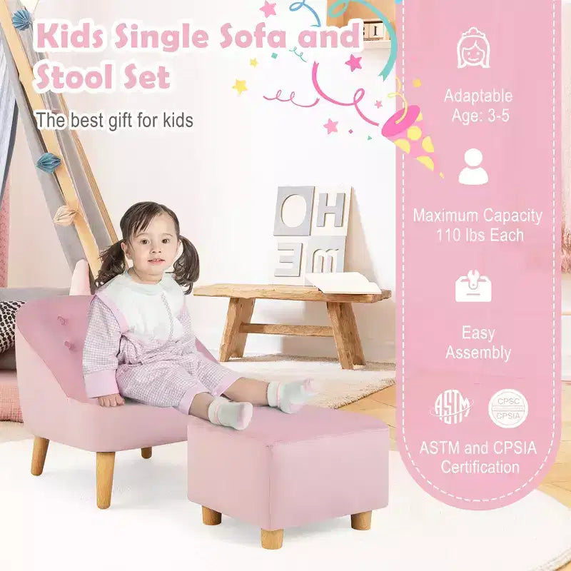 Costway Canapé-Fauteuil pour Enfants avec Ottoman, Canapé Simple pour Tout-Petit Rembourré en Velours Gris/Rose