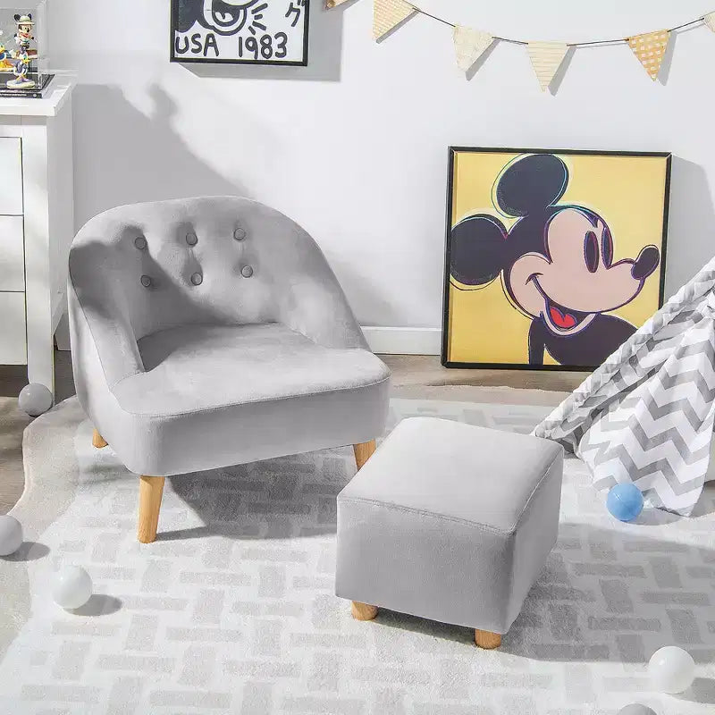 Costway Canapé-Fauteuil pour Enfants avec Ottoman, Canapé Simple pour Tout-Petit Rembourré en Velours Gris/Rose