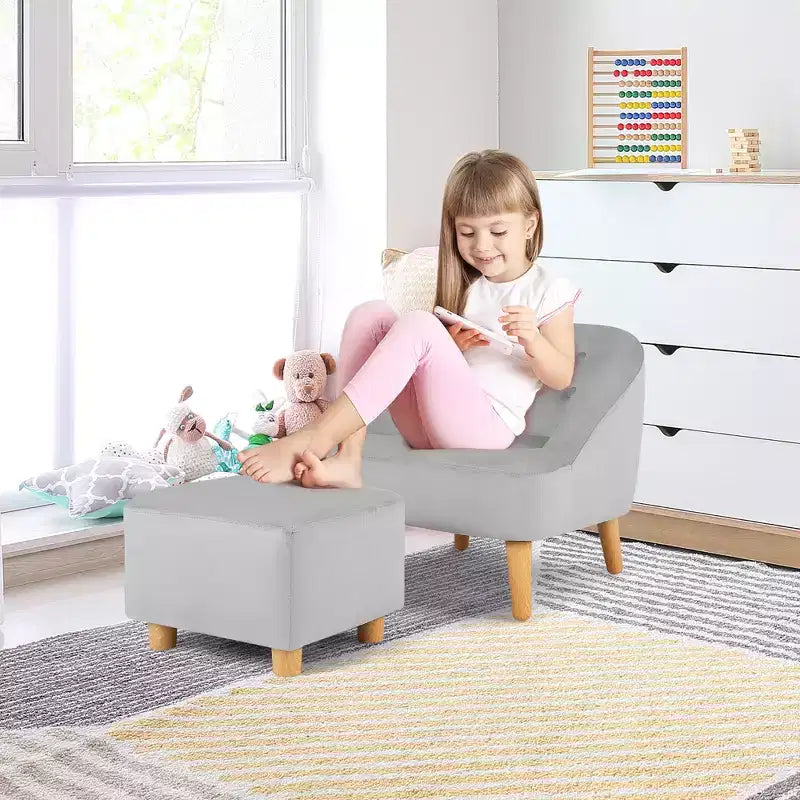 Costway Canapé-Fauteuil pour Enfants avec Ottoman, Canapé Simple pour Tout-Petit Rembourré en Velours Gris/Rose