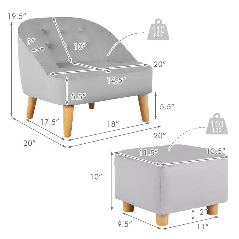 Costway Canapé-Fauteuil pour Enfants avec Ottoman, Canapé Simple pour Tout-Petit Rembourré en Velours Gris/Rose
