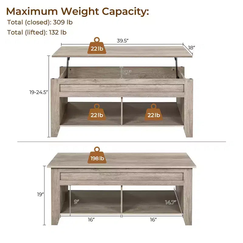 Table basse relevable Yaheetech avec rangement et 2 étagères ouvertes pour salon, salle de réception, bureau