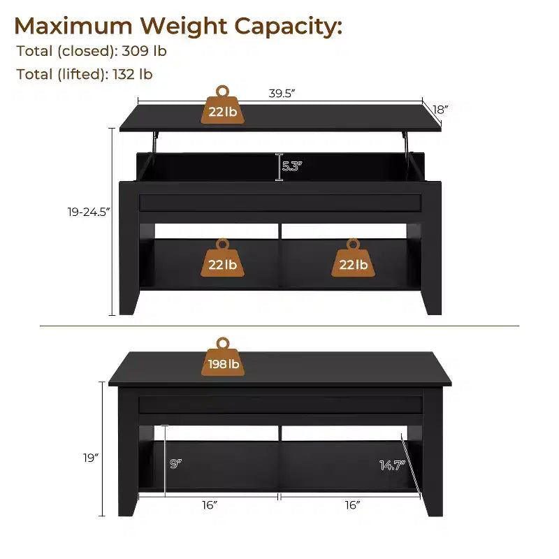 Table basse relevable Yaheetech avec rangement et 2 étagères ouvertes pour salon, salle de réception, bureau