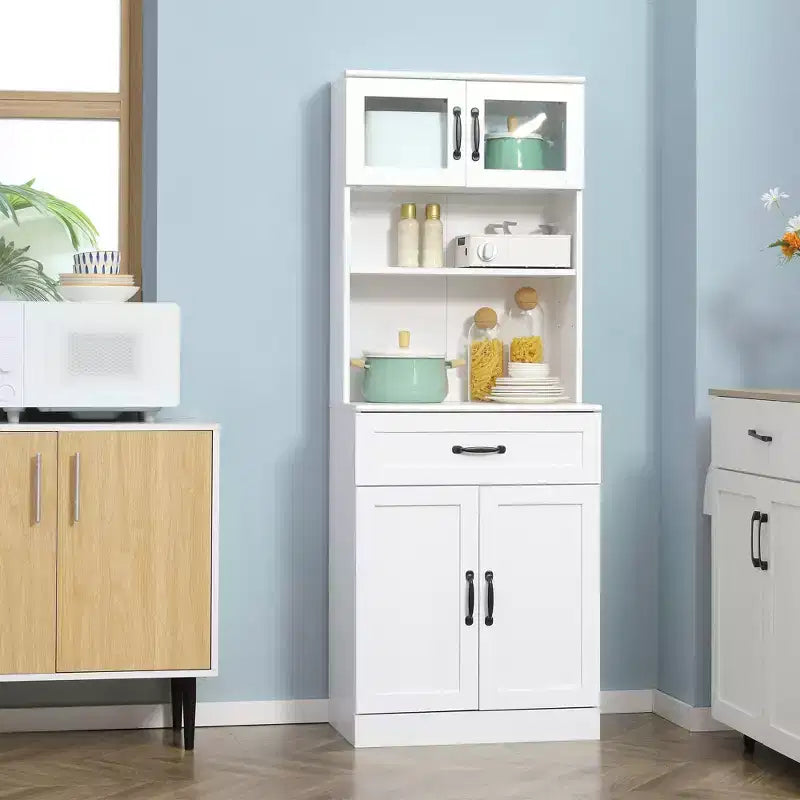HOMCOM Meuble de cuisine autoportant de 161,3 cm, buffet à 4 portes avec huche, meuble de rangement pour bar à café avec étagères réglables, blanc